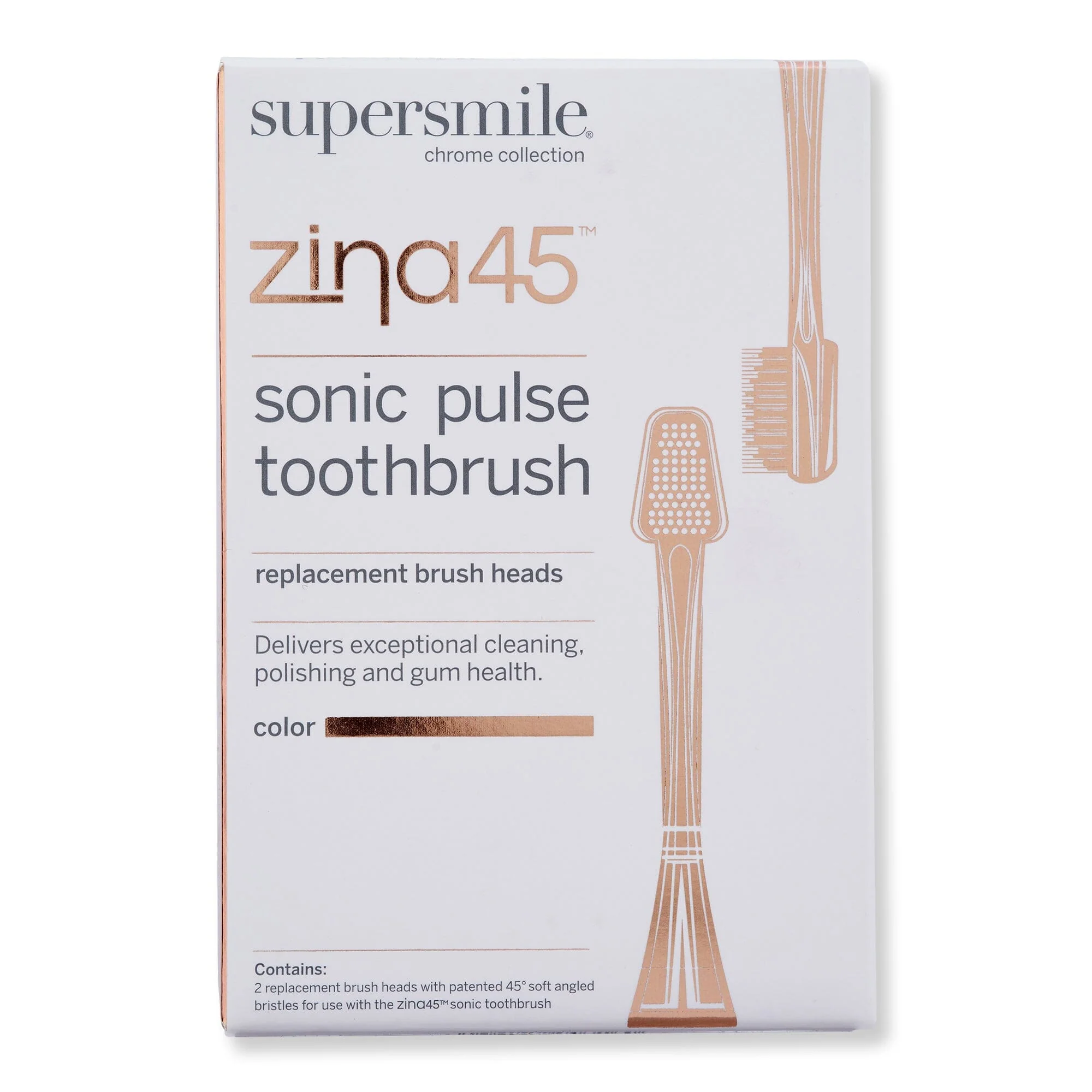 Supersmile Zina45 Sonic Pulse Toothbrush Chrome Rose Gold Replacement Heads 2 Ct